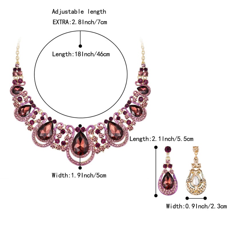 BriLove Costume Fashion Jewelry Set for Women Crystal Teardrop Hollow Scroll Statement Necklace Dangle Earrings Amethyst Color Gold-Tone - Image 4