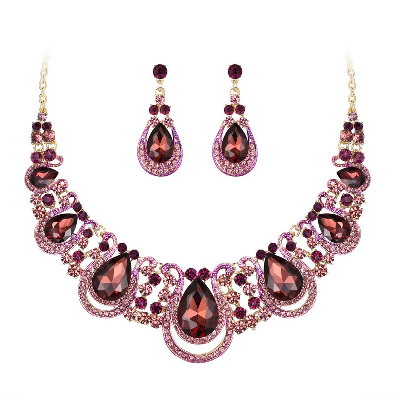 BriLove Costume Fashion Jewelry Set for Women Crystal Teardrop Hollow Scroll Statement Necklace Dangle Earrings Amethyst Color Gold-Tone - Image 1