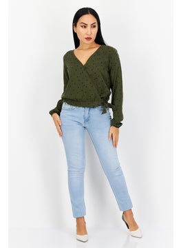 Eddie Bauer Women V-Neck Long Sleeve Allover Print Blouse, Olive  - Image 2