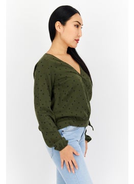Eddie Bauer Women V-Neck Long Sleeve Allover Print Blouse, Olive  - Image 4