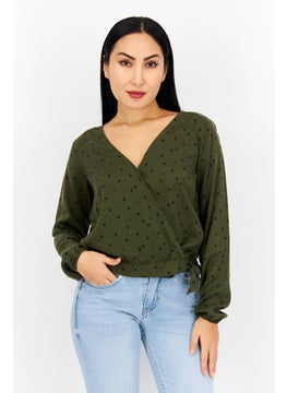 Eddie Bauer Women V-Neck Long Sleeve Allover Print Blouse, Olive  - Image 1