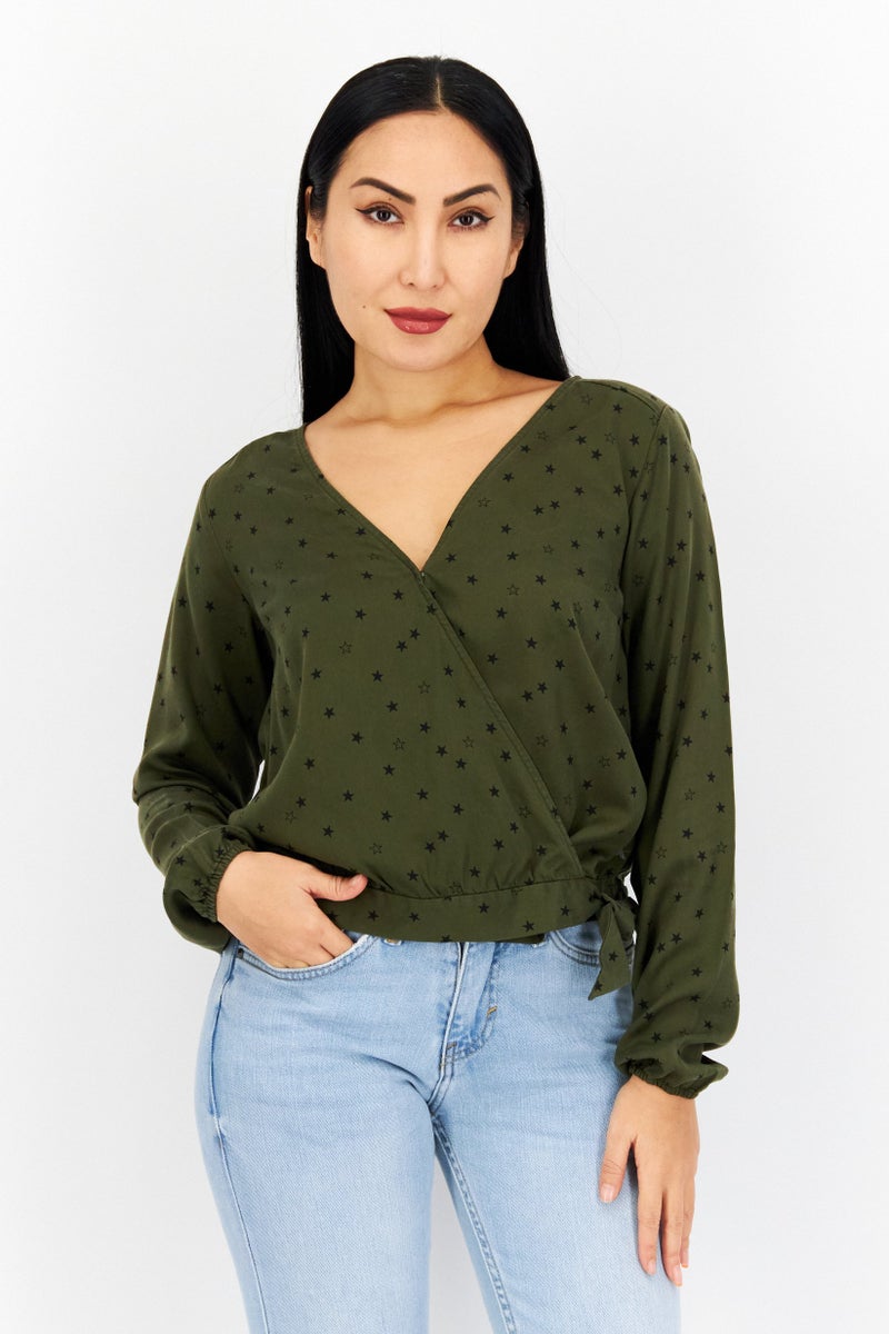Eddie Bauer Women V-Neck Long Sleeve Allover Print Blouse, Olive  - Image 1