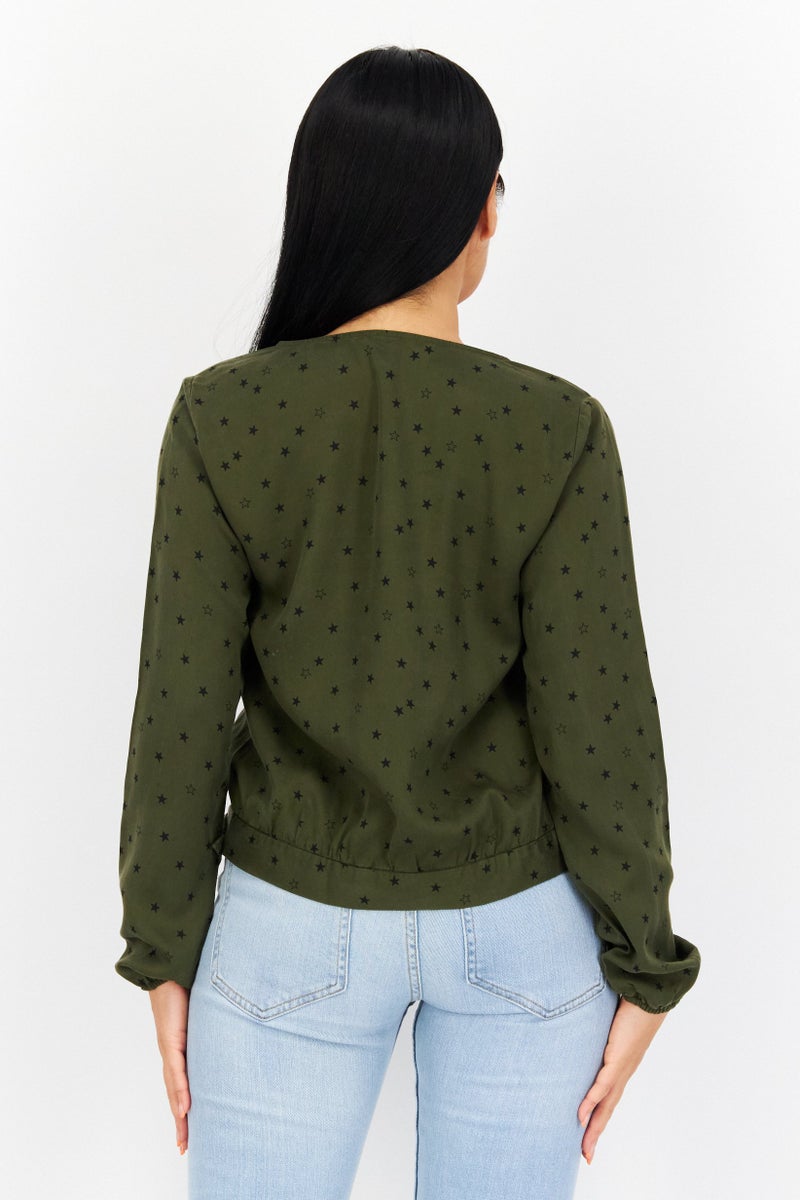 Eddie Bauer Women V-Neck Long Sleeve Allover Print Blouse, Olive  - Image 3