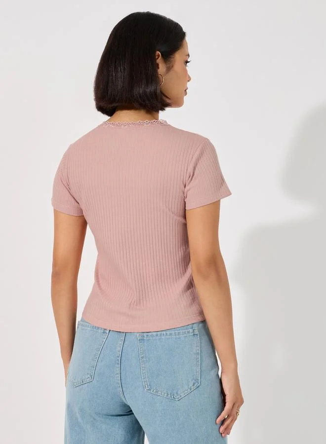 Styli Styli Lace Insert Rib Knit Top