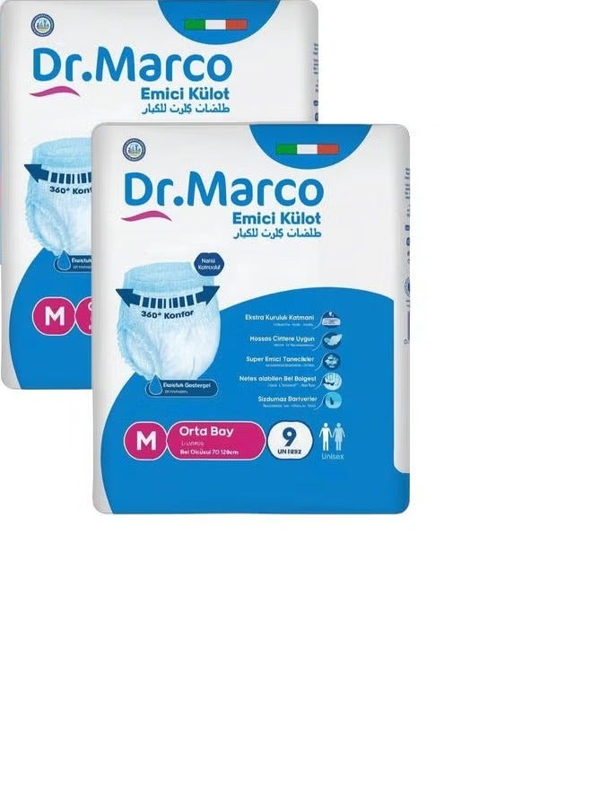 Dr. Marco Adult Culotte Diaper, Size Medium, 9 Count Turkish made Pants with Wetness Indicator, Italian Technology 2Pack