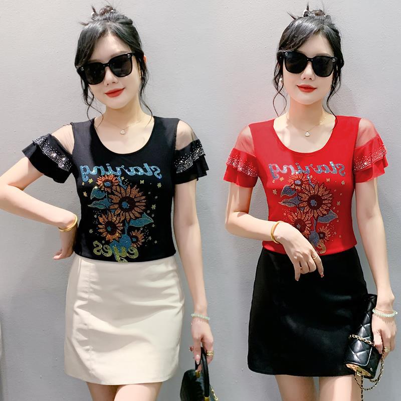Real S 2024 Original Design Heavy Industry Diamond Mesh Lotus Leaf Short Sleeve Fashion All-Match T-Shirt Women'S Fashion - Image 5