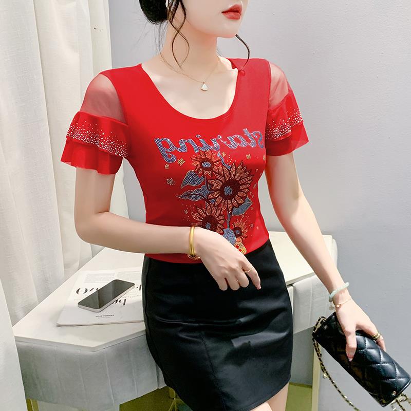 Real S 2024 Original Design Heavy Industry Diamond Mesh Lotus Leaf Short Sleeve Fashion All-Match T-Shirt Women'S Fashion - Image 2