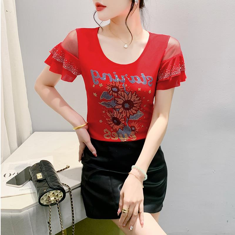 Real S 2024 Original Design Heavy Industry Diamond Mesh Lotus Leaf Short Sleeve Fashion All-Match T-Shirt Women'S Fashion - Image 1