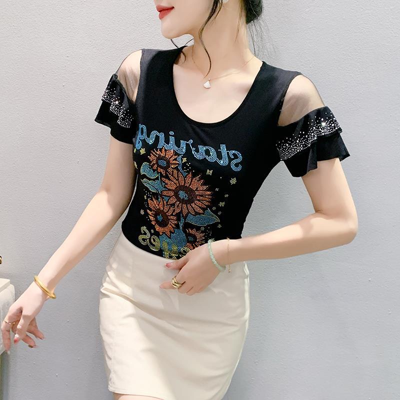 Real S 2024 Original Design Heavy Industry Diamond Mesh Lotus Leaf Short Sleeve Fashion All-Match T-Shirt Women'S Fashion - Image 3