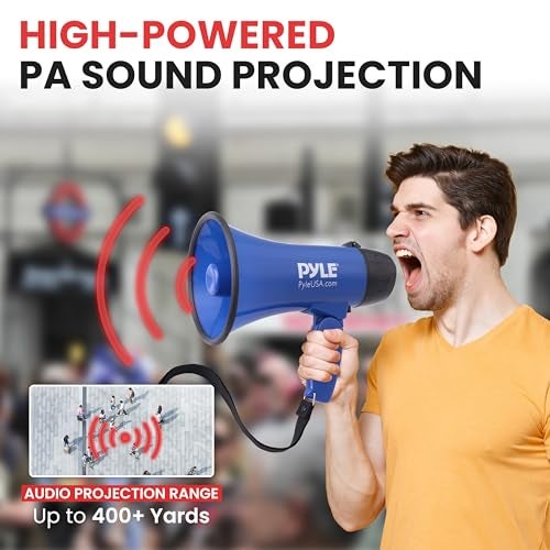 Pyle بيل PMP21BL مكبر صوت محمول مع صفارة - مدمج ويعمل بالبطارية بقوة 20 واط، ميكروفون، وضعين، صوت PA ومقبض قابل للطي للاستخدام في التشجيع والشرطة، أزرق - Image 5