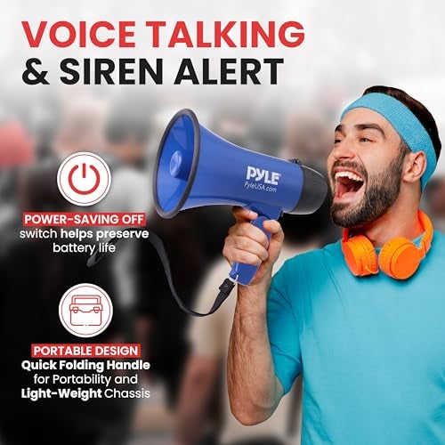 Pyle بيل PMP21BL مكبر صوت محمول مع صفارة - مدمج ويعمل بالبطارية بقوة 20 واط، ميكروفون، وضعين، صوت PA ومقبض قابل للطي للاستخدام في التشجيع والشرطة، أزرق - Image 2