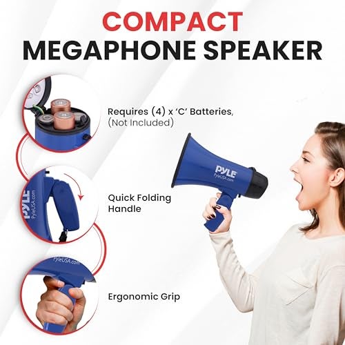 Pyle بيل PMP21BL مكبر صوت محمول مع صفارة - مدمج ويعمل بالبطارية بقوة 20 واط، ميكروفون، وضعين، صوت PA ومقبض قابل للطي للاستخدام في التشجيع والشرطة، أزرق - Image 3