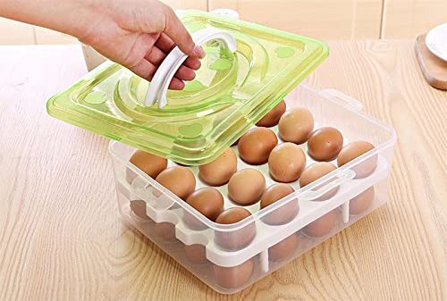 PLUMAZE Double Layer 32 Grid Egg Storage Box Stackable ABS Plastic Egg Storage Containers Holder With Lid and Tray Fridge Kitchen Food Storage BoxGreen Lid - Image 4