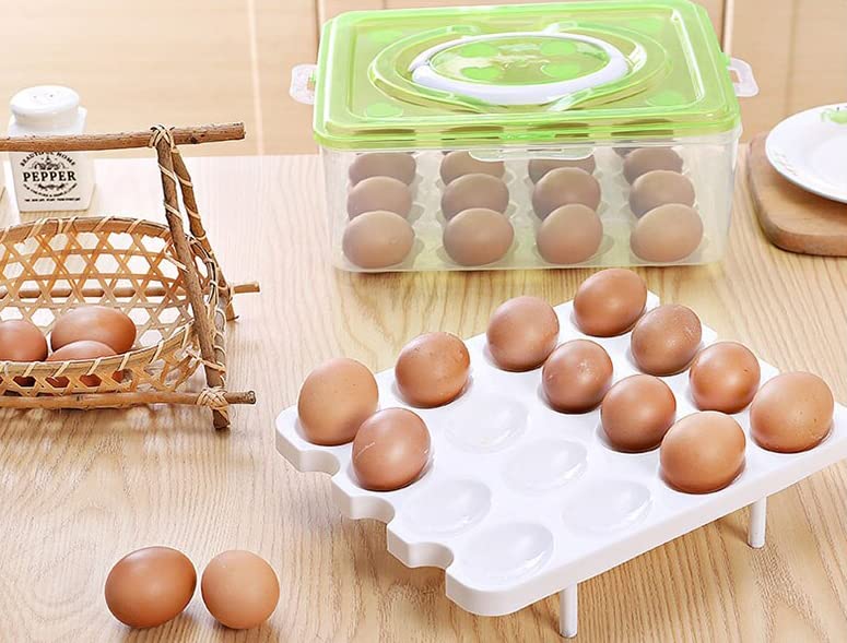 PLUMAZE Double Layer 32 Grid Egg Storage Box Stackable ABS Plastic Egg Storage Containers Holder With Lid and Tray Fridge Kitchen Food Storage BoxGreen Lid - Image 3