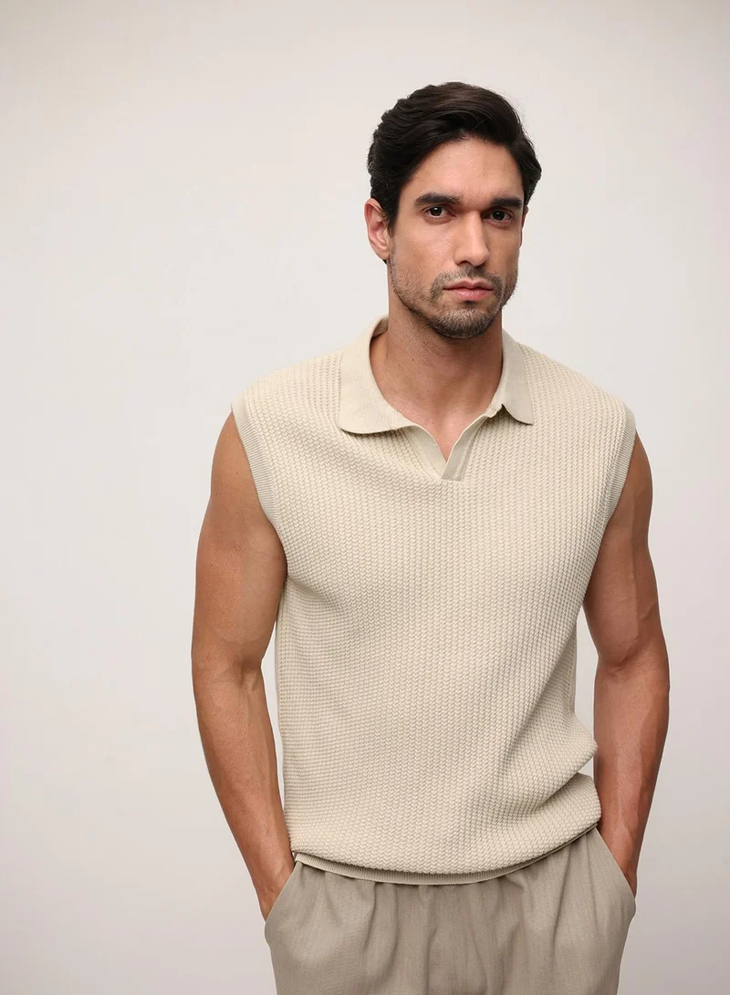 Dennis Lingo Cream 100% Cotton Textured Relaxed Polo T-Shirt For Men