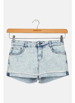 Kids Girl Washed Denim Short, Light Blue
