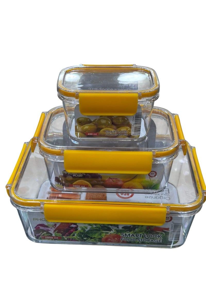 فينيكس علبة طعام للثلاجة من الاكريليك، مجموعة علب طعام مكونة من 3 قطع مع قفل محكم - جوانب سيليكون شفافة - Image 1