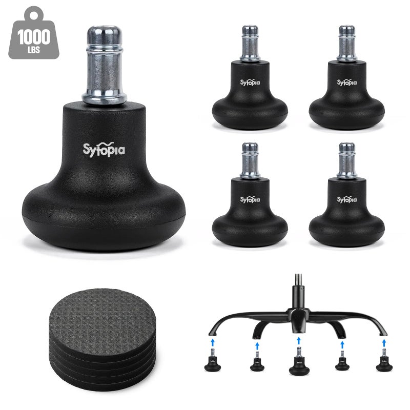 Sytopia Office Chair Bell Glides Replacement  Fixed Feet Wheel Stopper For Swivel Chairs And Stools  7/16"" X 7/8"" Stem  Separate Self-Adhesive Felt Pads  Non-Slip Base  Quiet & Easy Install  5 Pack - Image 1