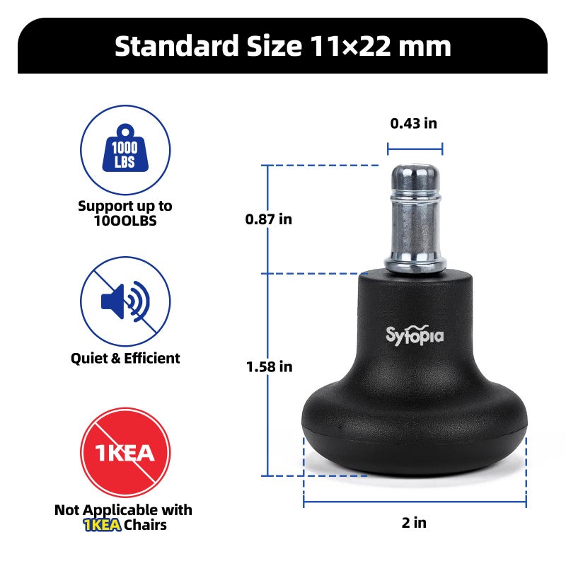 Sytopia Office Chair Bell Glides Replacement  Fixed Feet Wheel Stopper For Swivel Chairs And Stools  7/16"" X 7/8"" Stem  Separate Self-Adhesive Felt Pads  Non-Slip Base  Quiet & Easy Install  5 Pack - Image 2