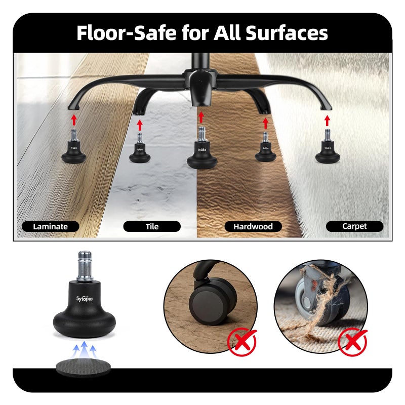Sytopia Office Chair Bell Glides Replacement  Fixed Feet Wheel Stopper For Swivel Chairs And Stools  7/16"" X 7/8"" Stem  Separate Self-Adhesive Felt Pads  Non-Slip Base  Quiet & Easy Install  5 Pack - Image 3