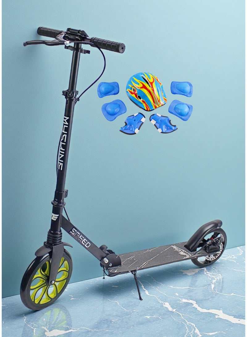 إيزي فيتشور سكوتر ركل قابل للتعديل من إيزي فيوتشر للأطفال من سن 7 إلى 14 عامًا، تصميم قابل للطي مع عجلات كبيرة ومقبض وفرامل قدم خلفية، بما في ذلك مجموعة معدات الحماية الكاملة - Image 1