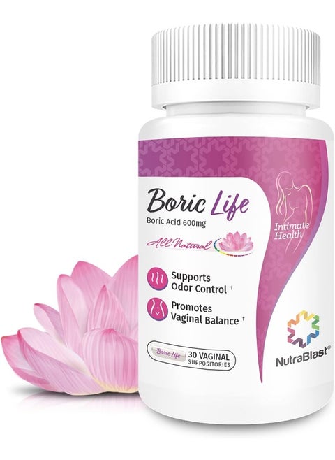 NutraBlast Boric Acid Vaginal Suppositories - 30 Count, 600mg - Boric Life Intimate Health Support