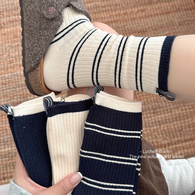 Cotton Crew Socks Striped Women Autumn Winter Milk white  - Image 5