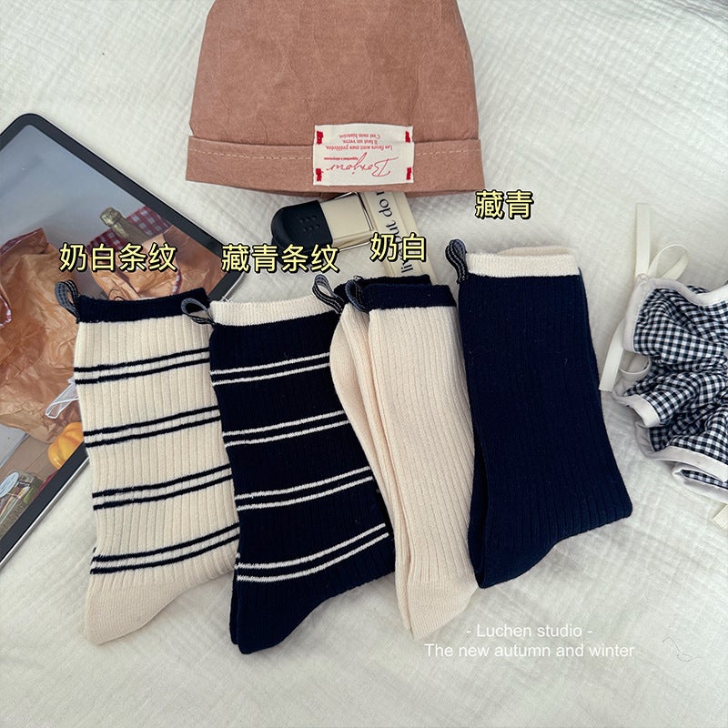 Cotton Crew Socks Striped Women Autumn Winter Milk white  - Image 1