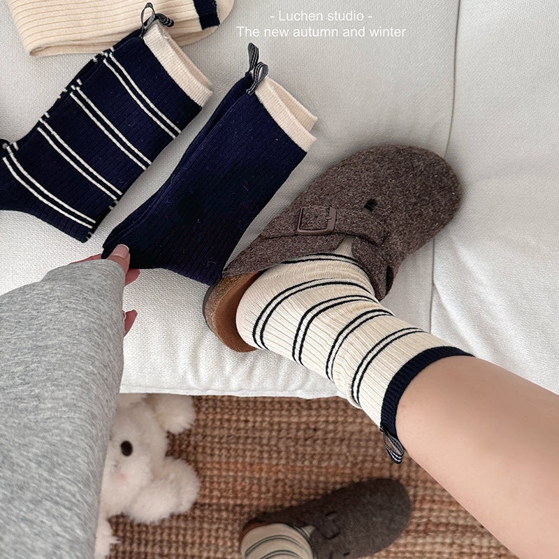 Cotton Crew Socks Striped Women Autumn Winter Milk white  - Image 4