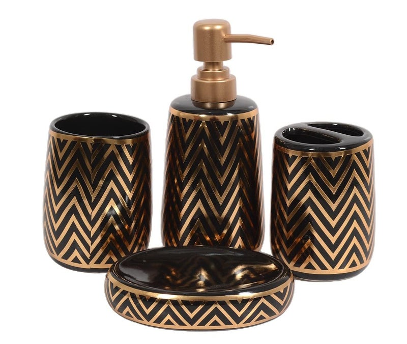 Skywalk Ceramic Bathroom Set of 4 Pieces - Soap Dispenser, Beaker/Tumbler, Soap Dish, Brush Holder for Bathroom Décor and Home Gift Set-Black