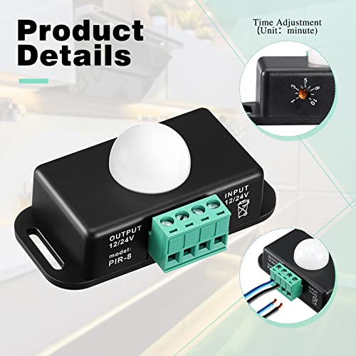 Macarrie 6 Pack 12V 24V PIR Sensor LED Motion Sensor Motion Detector Light Switch Body Infrared Sensing Timer Function Sign Control PIR Controllerfor Flexible LED Strip Lights(Black) - Image 3