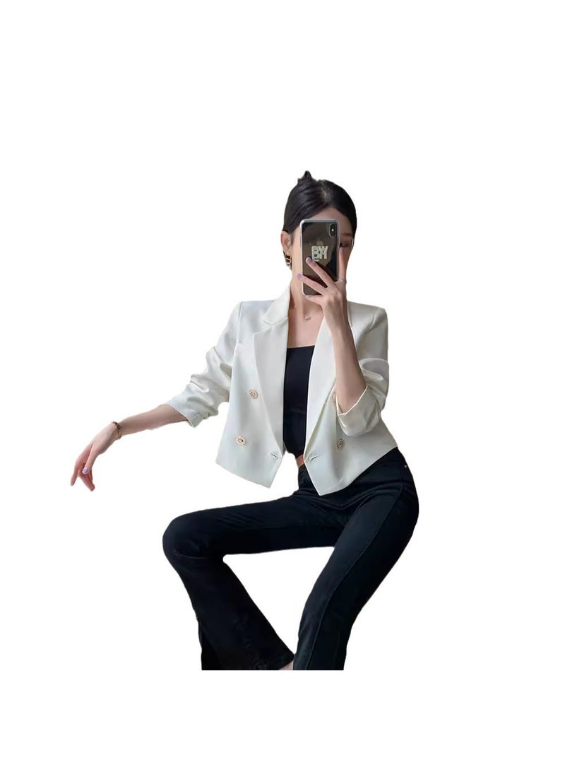 Generic Petite Blazer Jacket 2024 New Casual White Crop Womens Spring Autumn Creamy-white  - Image 3