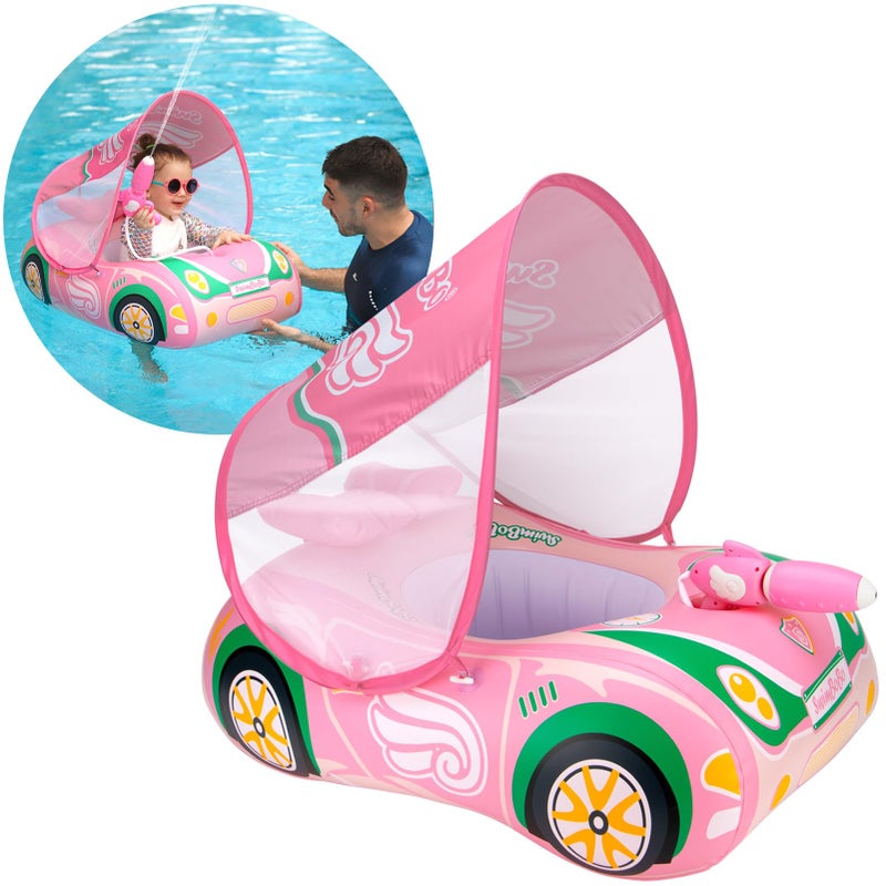 Swimbobo Toddler Pool Float Inflatable Car Baby Swim Float with Adjustable Sun Canopy and Safety Seat Pool Toys for Kids 3 Years OldPink Green Car - Image 2