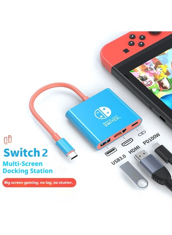 Switch 2 Portable Screen Mirroring Dock — 4K/60Hz HDMI + USB 3.0 + PD 100W Charging — Compatible with Switch 2 / Switch 1 (Red & Blue) | Compact Multi-Device Expansion for Gaming & Office - Image 1