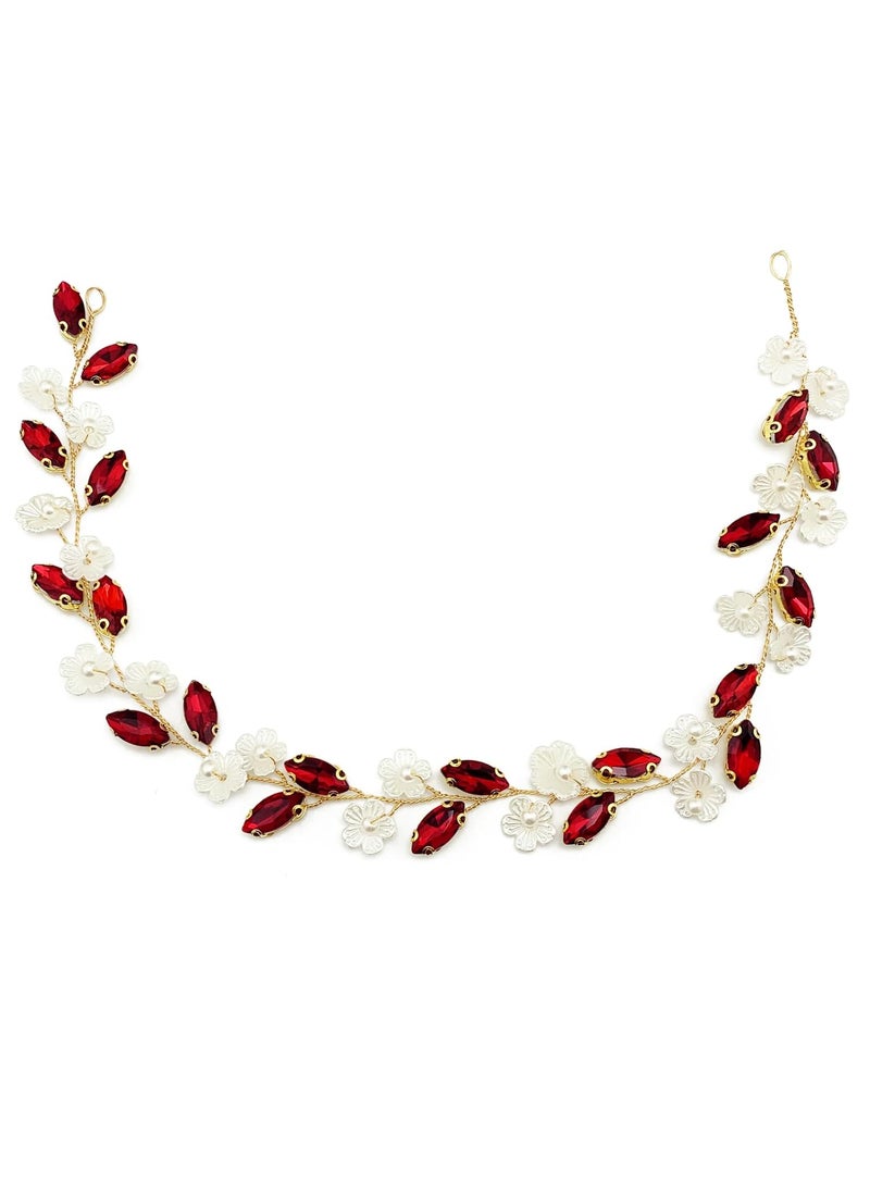 BETITETO BETITETO Bridal Crystal Flower Headband Wedding Rhinestone Pearl Floral Hair Vine Headpiece Accessories for Women Girls Wine Red Crystal Gold Vine 