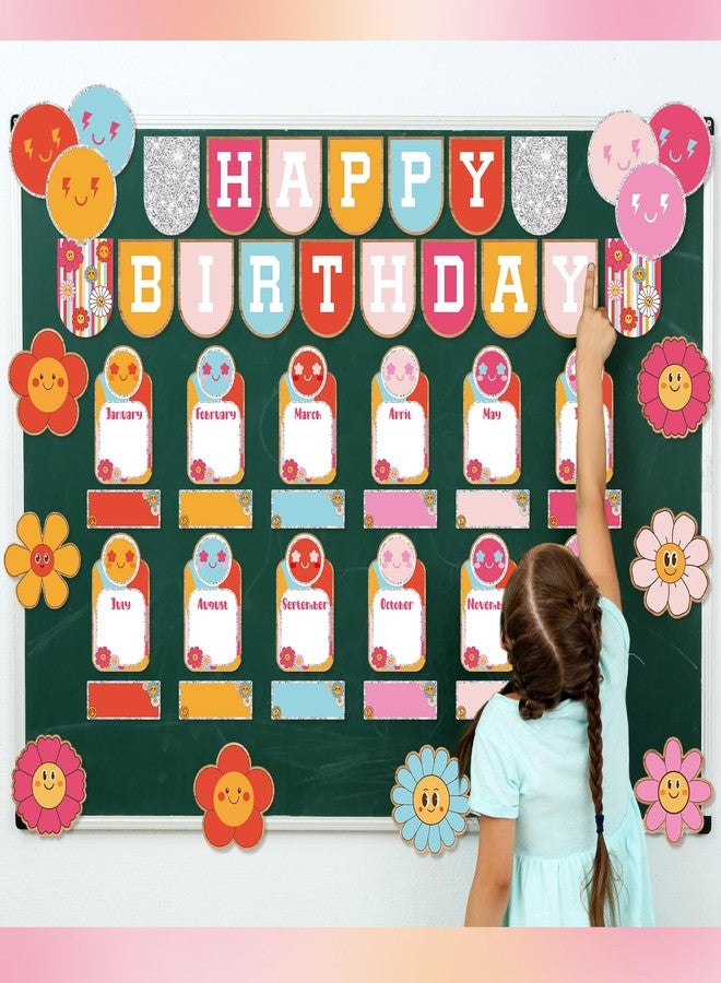 Nezyo 80 Pcs Retro Groovy Disco Birthday Bulletin Board Set for Classroom Groovy Hippie Classroom Happy Birthday Decor Boho Cutouts Calendar Chart Board for School Wall Decor - Image 5