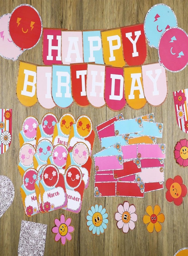 Nezyo 80 Pcs Retro Groovy Disco Birthday Bulletin Board Set for Classroom Groovy Hippie Classroom Happy Birthday Decor Boho Cutouts Calendar Chart Board for School Wall Decor - Image 4