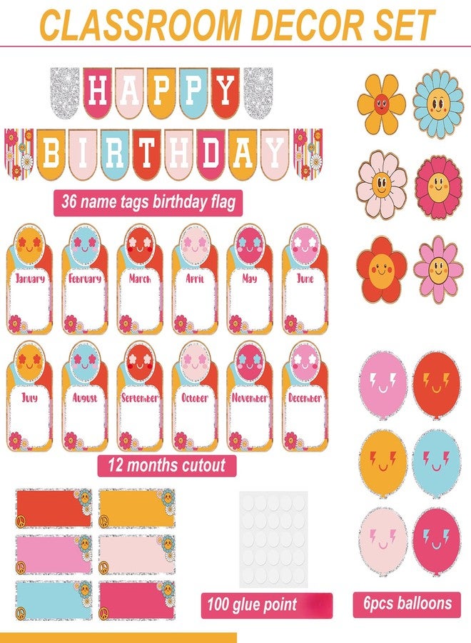 Nezyo 80 Pcs Retro Groovy Disco Birthday Bulletin Board Set for Classroom Groovy Hippie Classroom Happy Birthday Decor Boho Cutouts Calendar Chart Board for School Wall Decor - Image 2