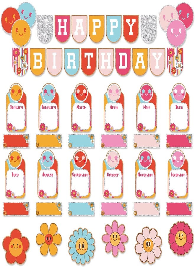 Nezyo 80 Pcs Retro Groovy Disco Birthday Bulletin Board Set for Classroom Groovy Hippie Classroom Happy Birthday Decor Boho Cutouts Calendar Chart Board for School Wall Decor - Image 1