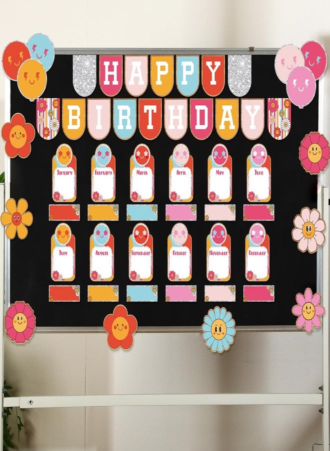 Nezyo 80 Pcs Retro Groovy Disco Birthday Bulletin Board Set for Classroom Groovy Hippie Classroom Happy Birthday Decor Boho Cutouts Calendar Chart Board for School Wall Decor - Image 3