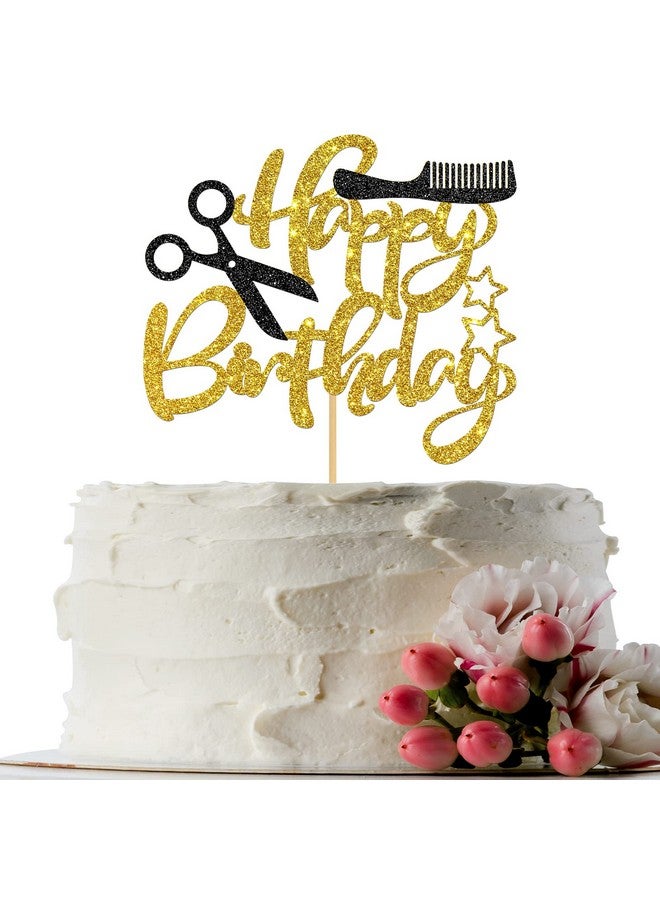 INNORU Barber Themed Happy Birthday Cake Topper Haircut Sign Birthday Party Decor Kids Adults Birthday Party Decorations Supplies 1St Birthday Party Photo Props Gold Glitter - Image 1
