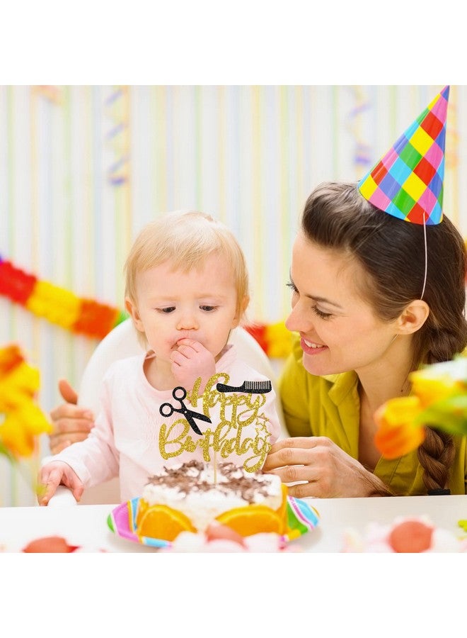 INNORU Barber Themed Happy Birthday Cake Topper Haircut Sign Birthday Party Decor Kids Adults Birthday Party Decorations Supplies 1St Birthday Party Photo Props Gold Glitter - Image 5