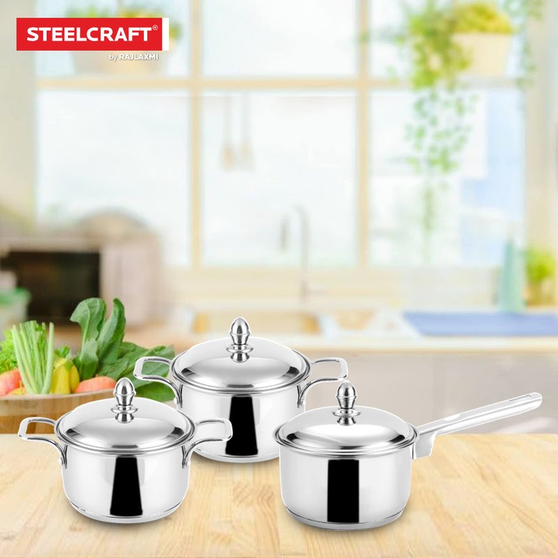 Steelcraft Steelcraft Premium Induction Compatible Stainless Steel Sandwich Base Caviar Cookware/ 2 Pc Casserole 14(850ml), 18 cm(1800ml), 1 pc Saucepan 16 cm(1200ml) with Steel lid (Silver) Set of 3 - Image 2