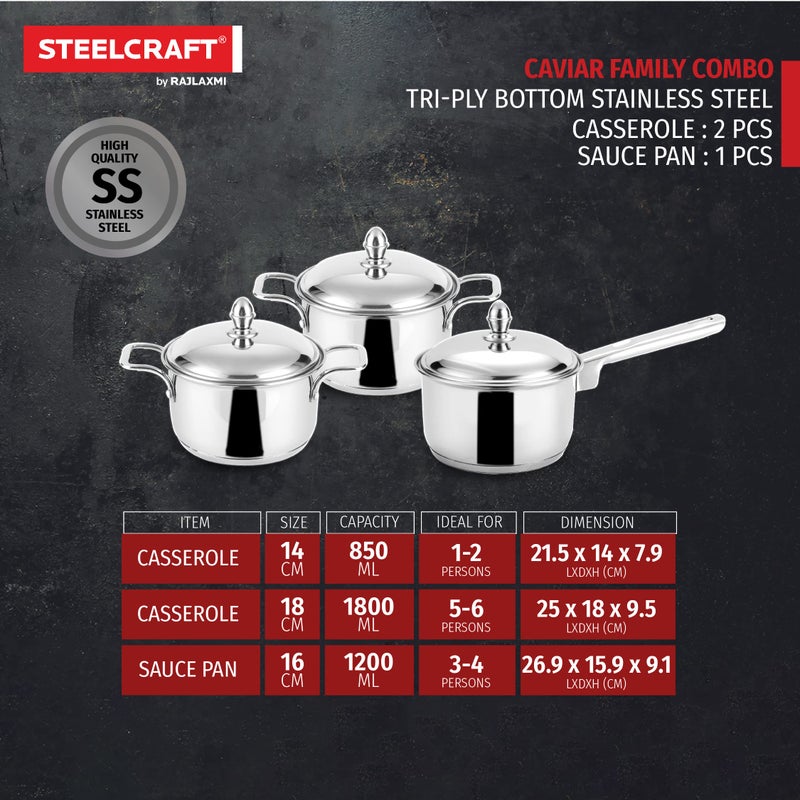 Steelcraft Steelcraft Premium Induction Compatible Stainless Steel Sandwich Base Caviar Cookware/ 2 Pc Casserole 14(850ml), 18 cm(1800ml), 1 pc Saucepan 16 cm(1200ml) with Steel lid (Silver) Set of 3 - Image 4