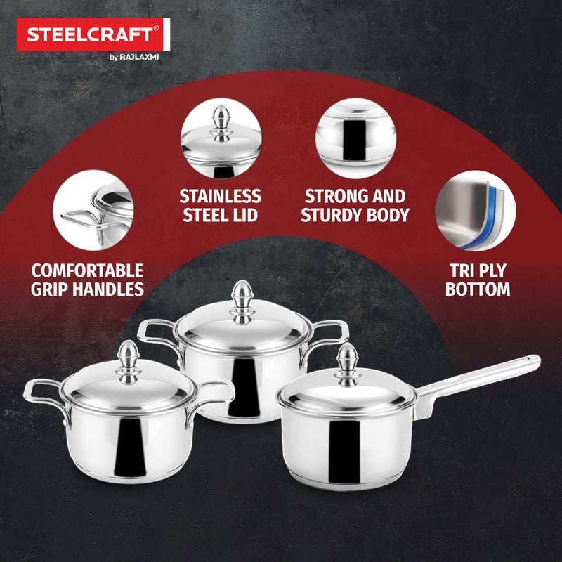 Steelcraft Steelcraft Premium Induction Compatible Stainless Steel Sandwich Base Caviar Cookware/ 2 Pc Casserole 14(850ml), 18 cm(1800ml), 1 pc Saucepan 16 cm(1200ml) with Steel lid (Silver) Set of 3 - Image 5