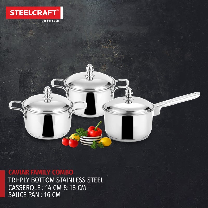 Steelcraft Steelcraft Premium Induction Compatible Stainless Steel Sandwich Base Caviar Cookware/ 2 Pc Casserole 14(850ml), 18 cm(1800ml), 1 pc Saucepan 16 cm(1200ml) with Steel lid (Silver) Set of 3 - Image 3