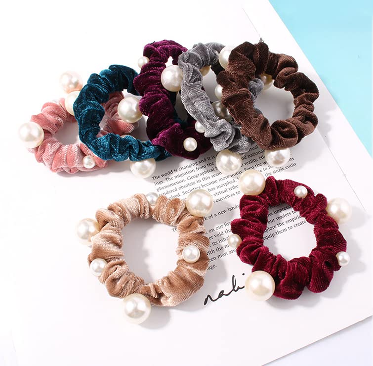 Natuworld 10 Pcs Artificial Pearl Hair Scrunchies Velvet Pearls Elastic Hair Bands Scrunchy Hair Ties Ropes Scrunchie Ponytail Holder for Women Girls Ladies Hair Accessories (Color Random) - Image 5