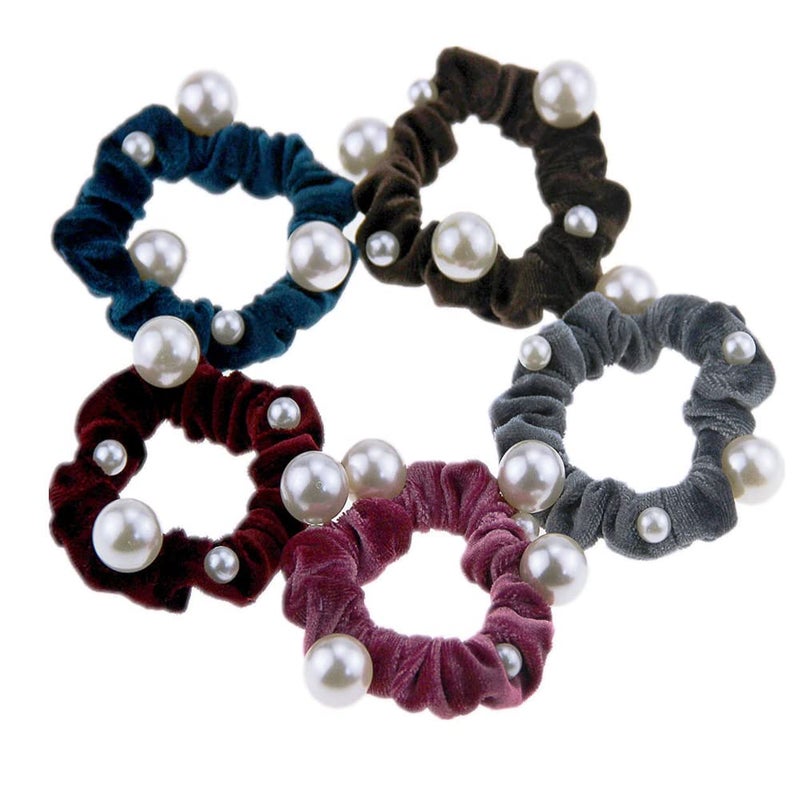 Natuworld 10 Pcs Artificial Pearl Hair Scrunchies Velvet Pearls Elastic Hair Bands Scrunchy Hair Ties Ropes Scrunchie Ponytail Holder for Women Girls Ladies Hair Accessories (Color Random) - Image 1