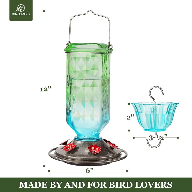 Kingsyard Glass Hummingbird Feeder for Outdoor Hanging, 24 Ounces, 6 Feeding Ports, Bird Nectar Feeder for Garden Décor, Ant Moat Included, Green & Blue - Image 5