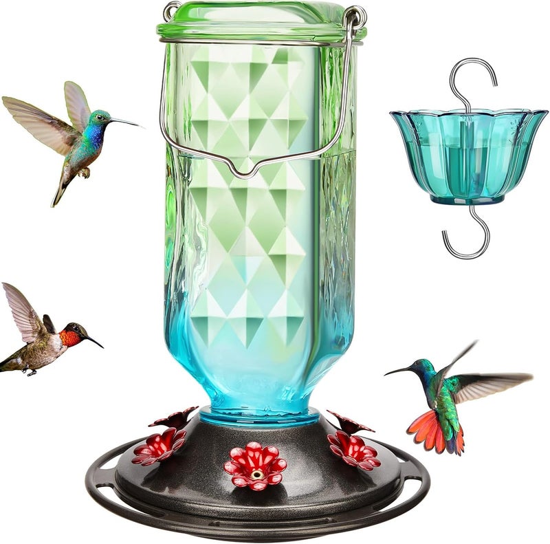 Kingsyard Glass Hummingbird Feeder for Outdoor Hanging, 24 Ounces, 6 Feeding Ports, Bird Nectar Feeder for Garden Décor, Ant Moat Included, Green & Blue - Image 1